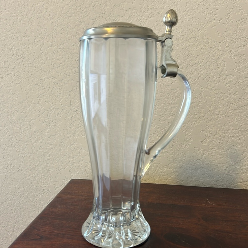 Vintage 92% BMF Zinn Large 20 oz Cut Glass Lidded Beer Stein made in W Germany